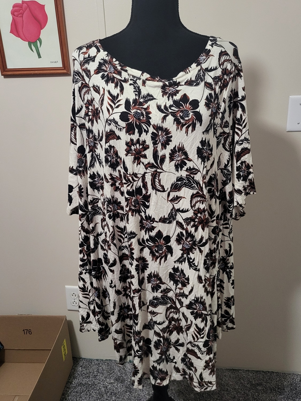 Lane Bryant Cream Swing Tunic with Black & Brown Floral Print